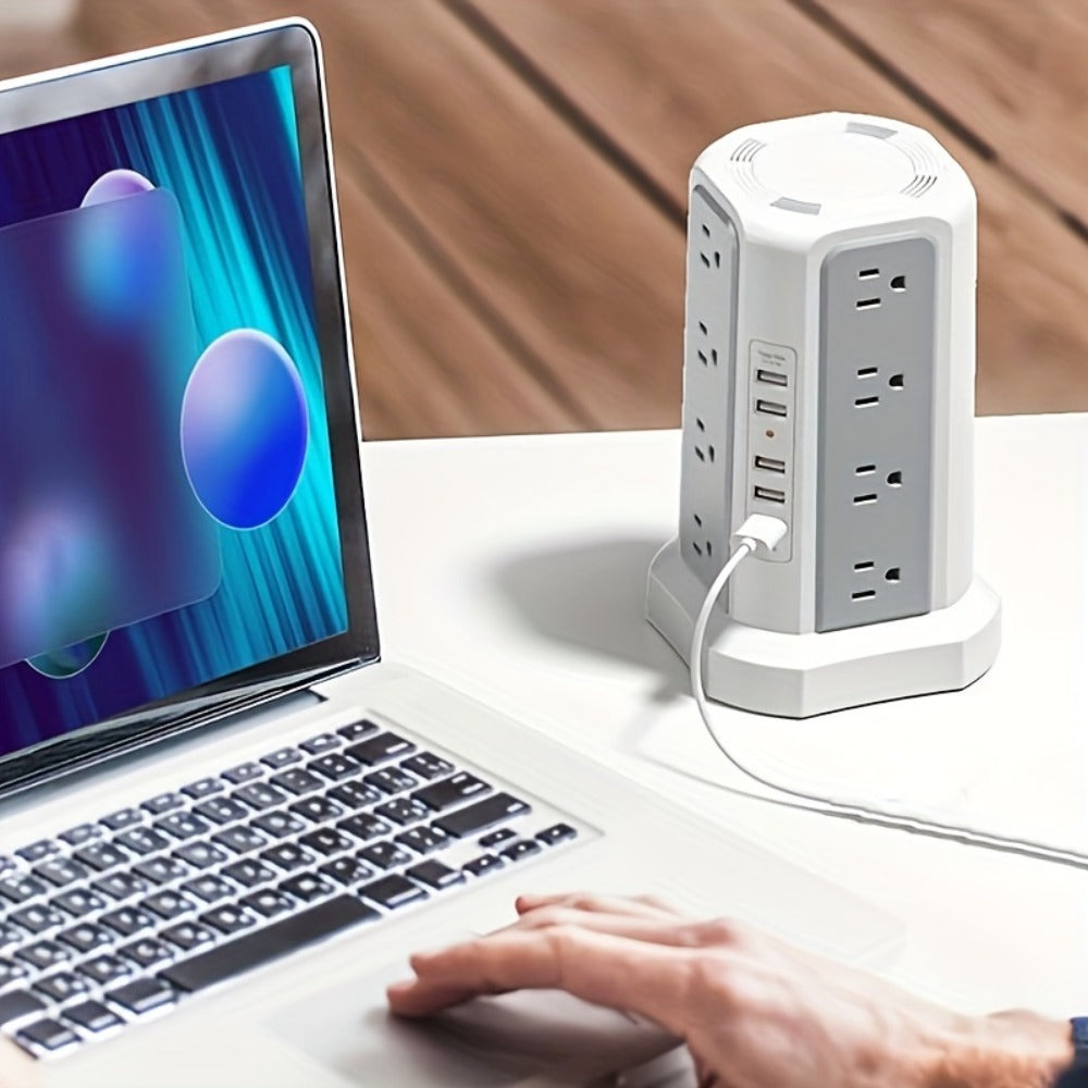 Power Strip Tower Surge Protector 16 AC Outlets 5 USB Ports PD20W USB-C Fast Charging Flat Plug Extension Cord 1500J Overload Protection Desktop Charging Station for Home Office Dorm