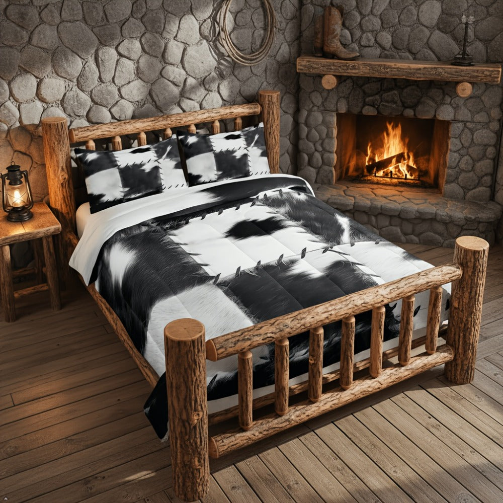 Cowhide Print Comforter Set 2/3pcs, Farmhouse Western Faux Animal Fur Bedding, Patchwork Cow Skin Quilt Set for All Beds, Soft Cozy Grey White