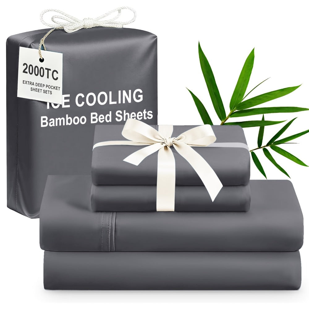 Bamboo Cooling Bed Sheet Set 4pcs Extra Deep Pocket Breathable Fitted Sheet Flat Sheet Pillowcases for Hot Sleepers Twin Full Queen King