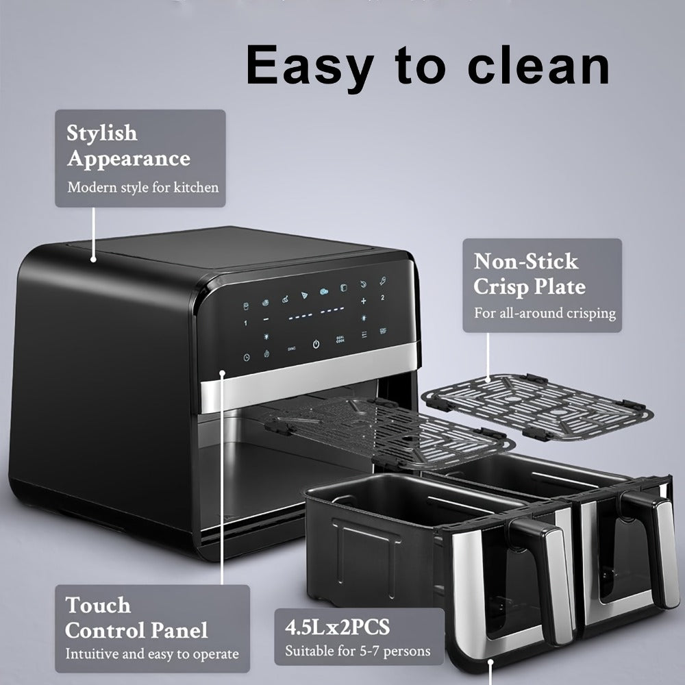 Dual Basket Air Fryer 9.5Qt ¨C 2x4.75Qt Independent Zones, Smart Finish Match Cook, 2400W, 8 Presets, Air Fry Roast Bake Grill, Energy Saving Family-Size Double Basket Air Fryer