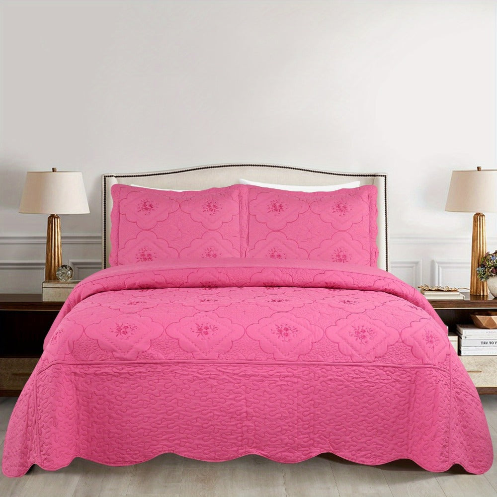 Quilt Set 3 Piece Floral Embroidery Bedspread - 100% Polyester Wrinkle Resistant Lightweight Quilted Coverlet with 2 Pillow Shams for Full Queen King Bed, Elegant Bedroom Decor in 19 Colors