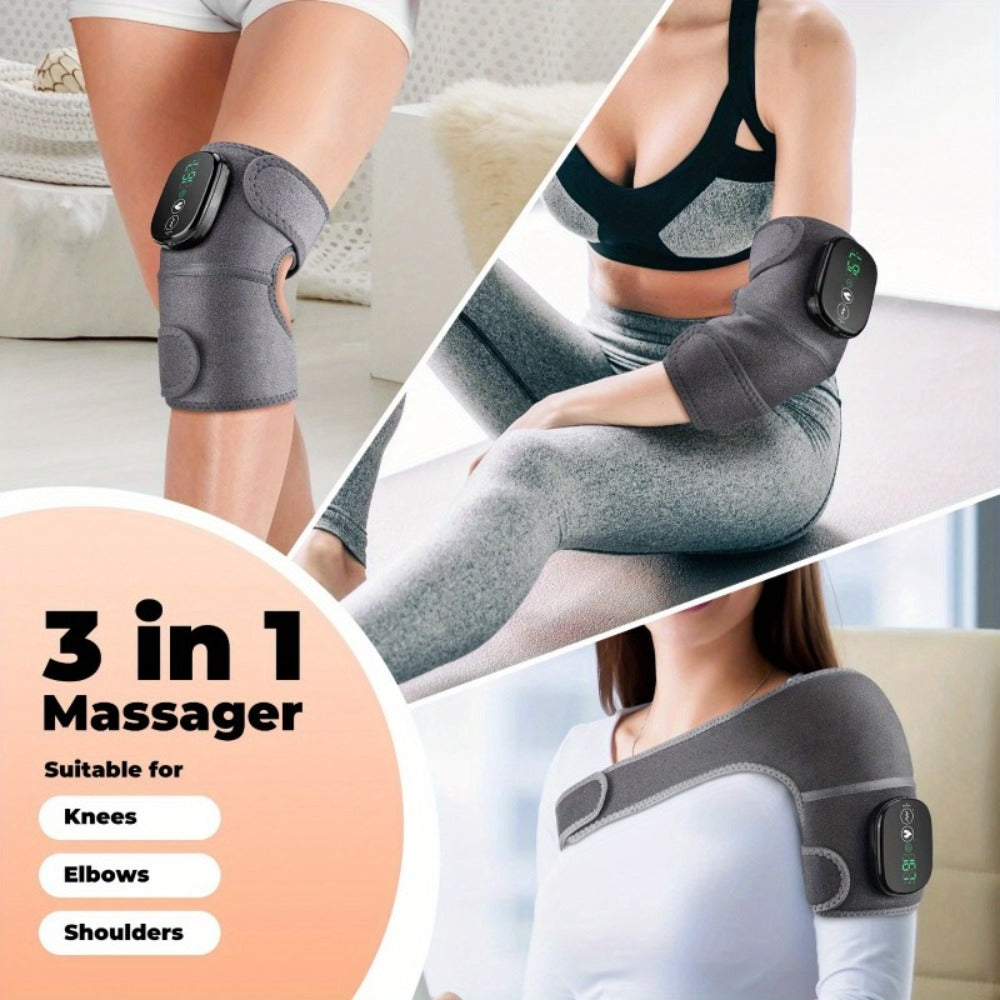 Heating Knee Massager 3-in-1 Wireless Vibrating Knee Brace - Electric Heating Pad with Vibration Massage for Knee, Shoulder & Elbow Pain Relief, Universal Fit, Gray