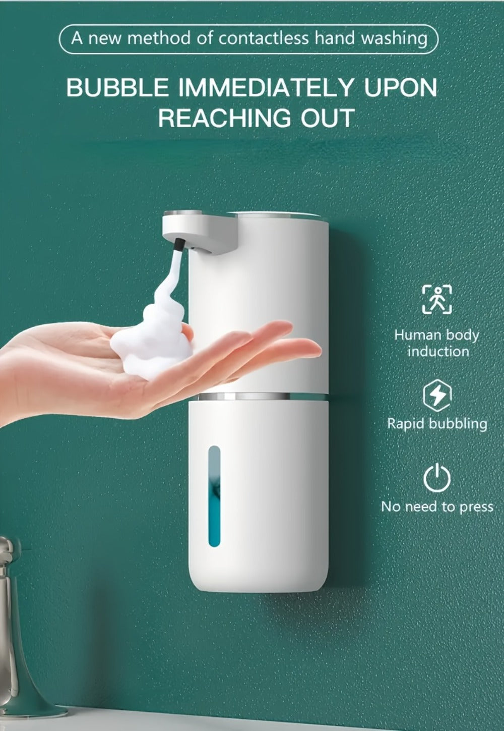 Automatic Foam Soap Dispenser Wall Mount Touchless 400ml USB Rechargeable IPX5 Waterproof 4 Adjustable Levels Sensor Soap Pump for Bathroom Kitchen Sink Office Hotel