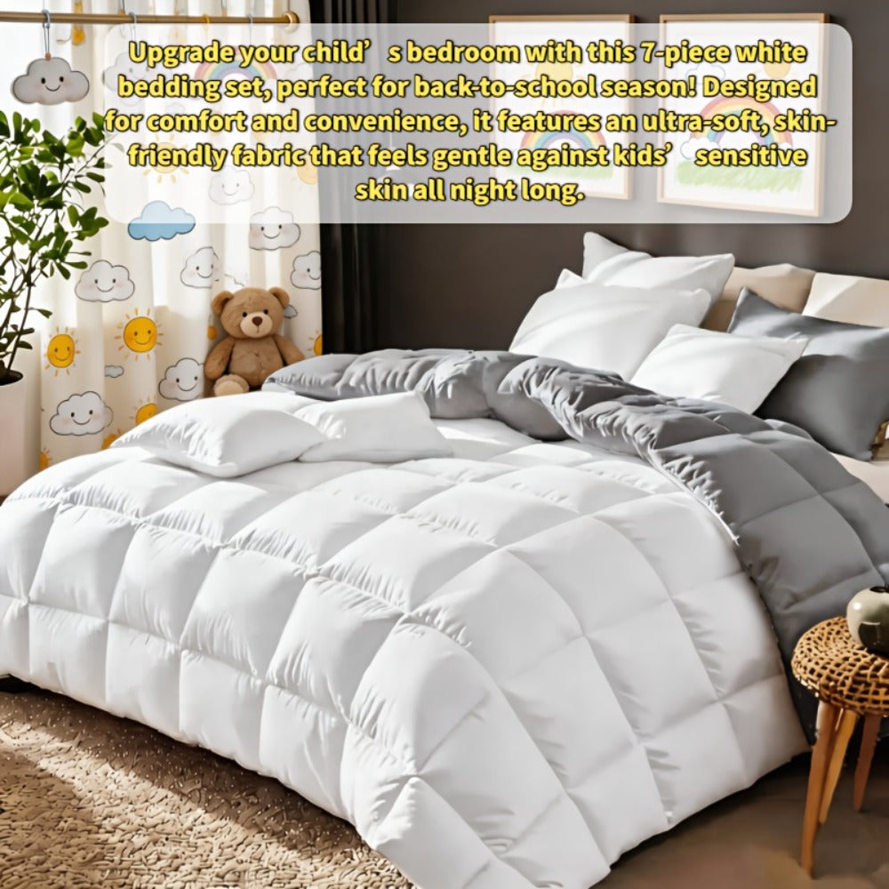 Comforter Set 7 Piece Bed in a Bag Full Queen King Soft Satin-Like Fabric with Fitted Sheet Flat Sheet Pillowcases Breathable Bedding Set for Bedroom Hotel
