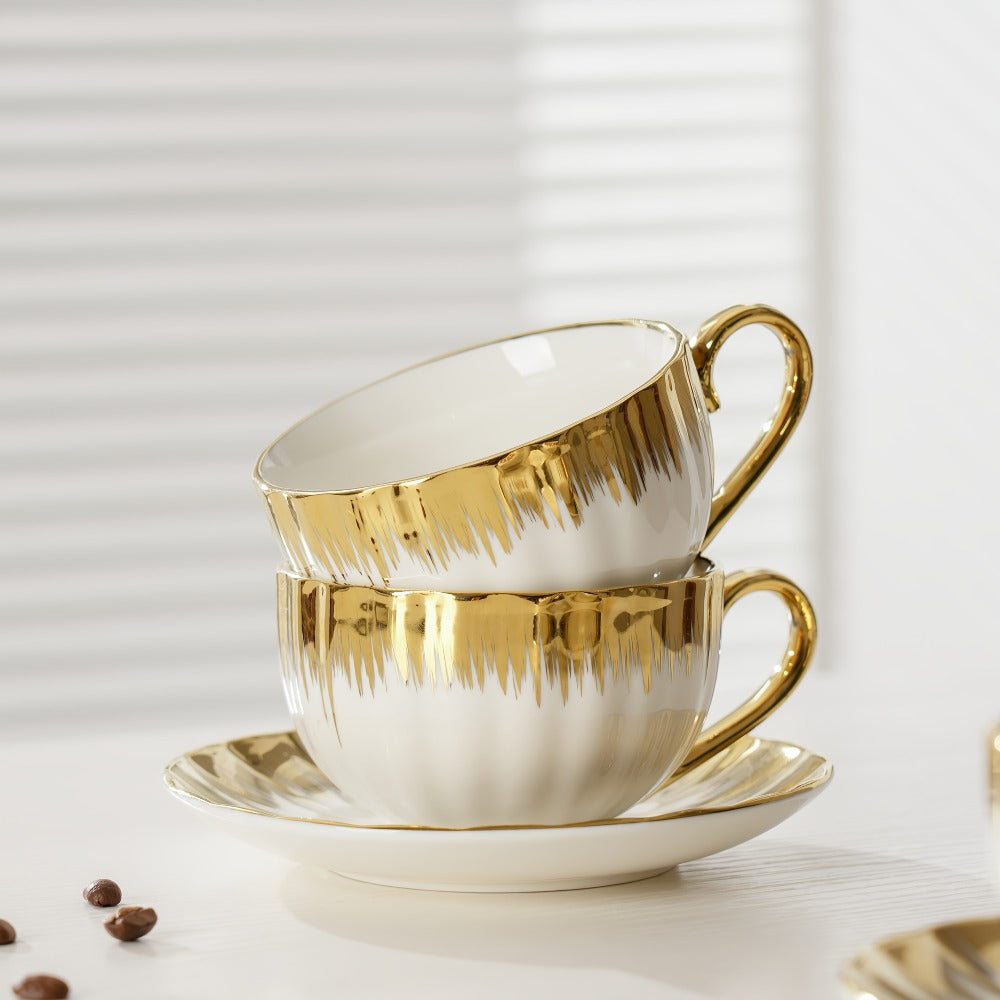 European Ceramic Coffee Cup and Saucer Set of 6 ¨C Light Luxury 8.45oz Porcelain Tea Cups with Plates | Elegant Floral Dinnerware for Wedding Mother's Day Holiday Gift