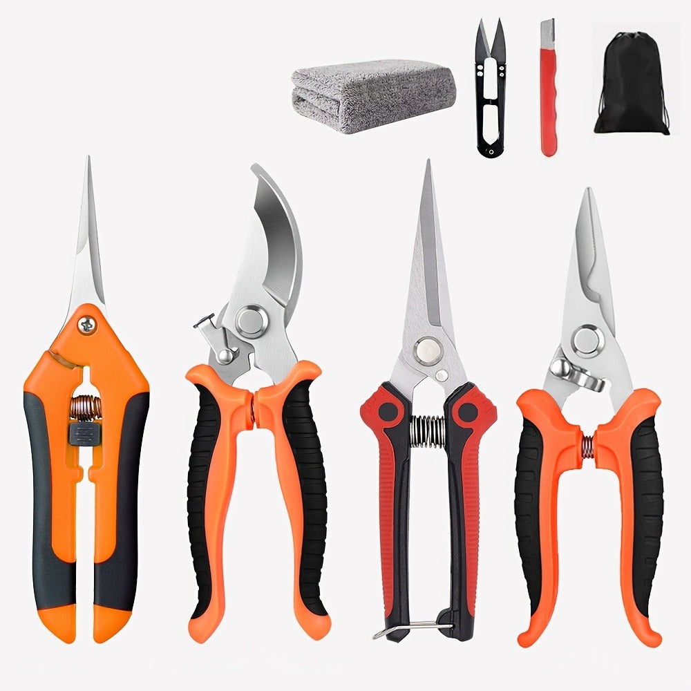 Gardening Pruning Tool Set 8 Piece Stainless Steel | Pruning Shears Scissors Pliers Ergonomic Handle with Wiping Cloth | Lawn Tree Garden Care Kit Orange Yellow Green