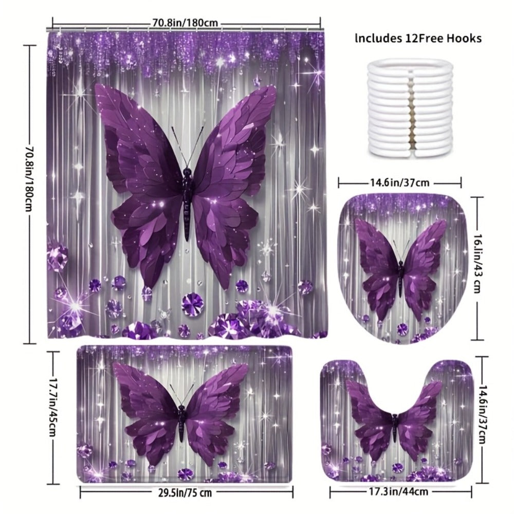 Shower Curtain Set Diamond Butterfly Print 70.8x70.8 Inch - 4 Piece Bathroom Set with U-Shape Toilet Seat Cover Non-Slip Rug 12 Hooks Machine Washable | Cyan Purple Pink | All Season Bathroom Decor