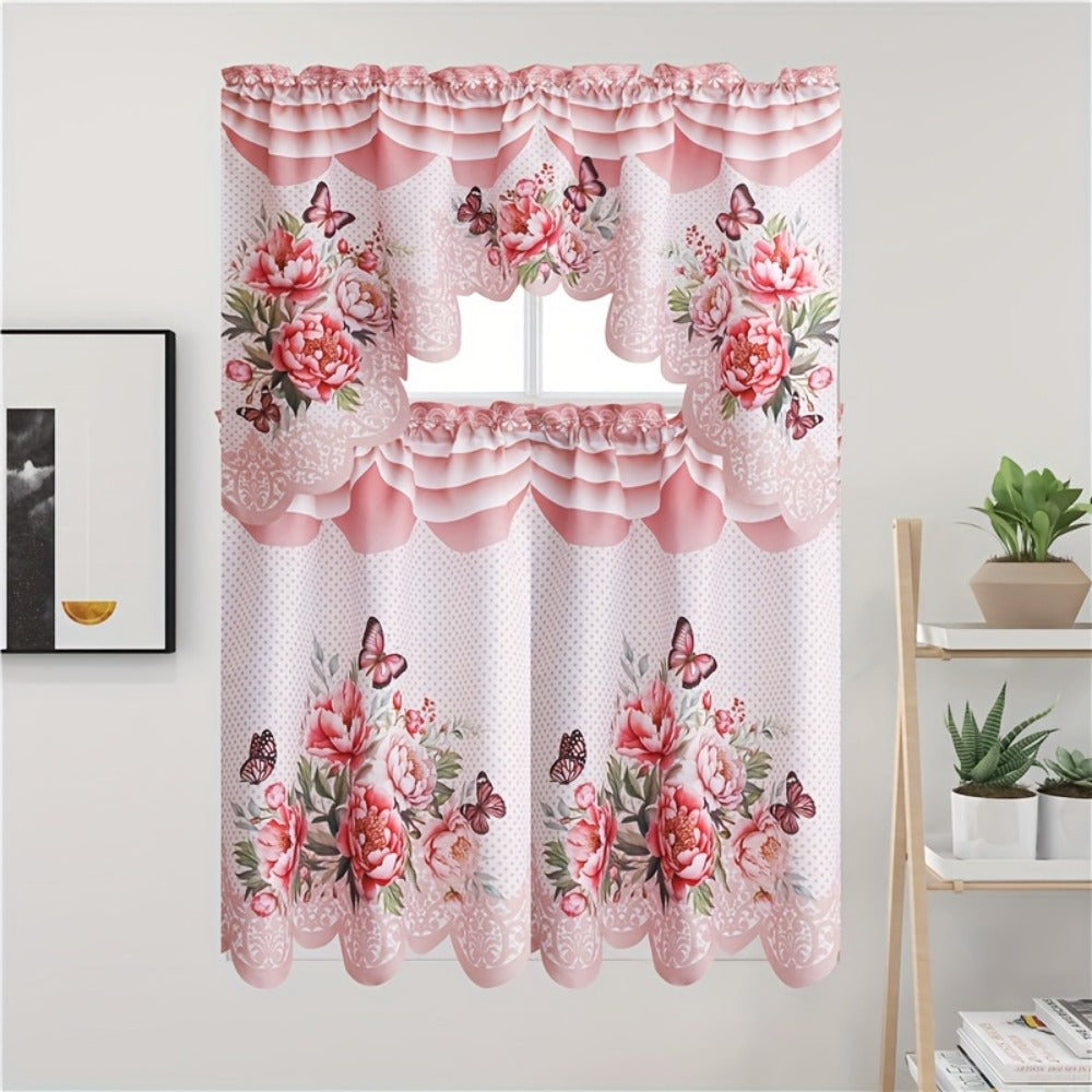 Blackout Kitchen Curtains 3-Piece Set with Butterfly Floral Print - Rod Pocket Window Curtains for Kitchen, Living Room, Bedroom, Bathroom & Restaurant, Polyester Fabric, Machine Washable