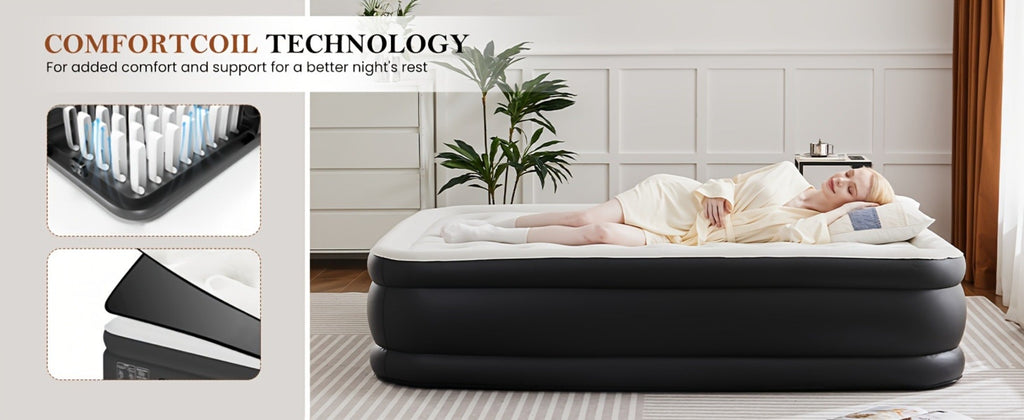 Air Mattress with Coil Beam Support | 660 lbs Capacity Plush Velvety Top Non-Slip Bottom - Guest Bed Inflatable Mattress for Camping & Home, Multiple Sizes & Heights, Stable on Floors & Carpets