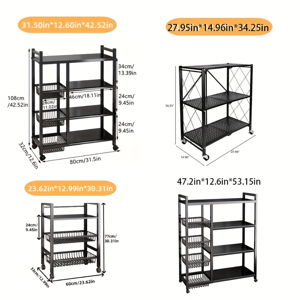 4 Tier Rolling Storage Rack with Wire Baskets Adjustable Metal Shelf on Wheels for Kitchen Pantry Bathroom Garage Closet Organizer
