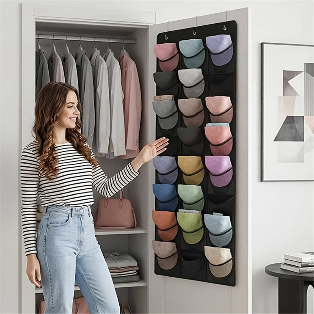 Over the Door Hat Organizer 24 Pocket - Baseball Cap Rack with Large Clear Pockets and 3 Hooks for Hat Storage Protection and Display in Closet