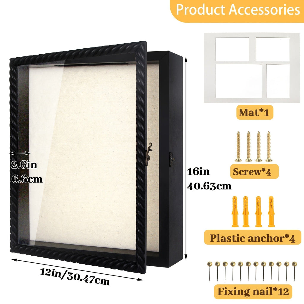 Shadow Box Frame with Linen Back ¨C Large Rustic Memory Display Case 11x14 & 12x16 Inch for Photos, Medals, Coins, Pins, Flowers & Collectibles, 4 Removable Shelves, Black White Brown