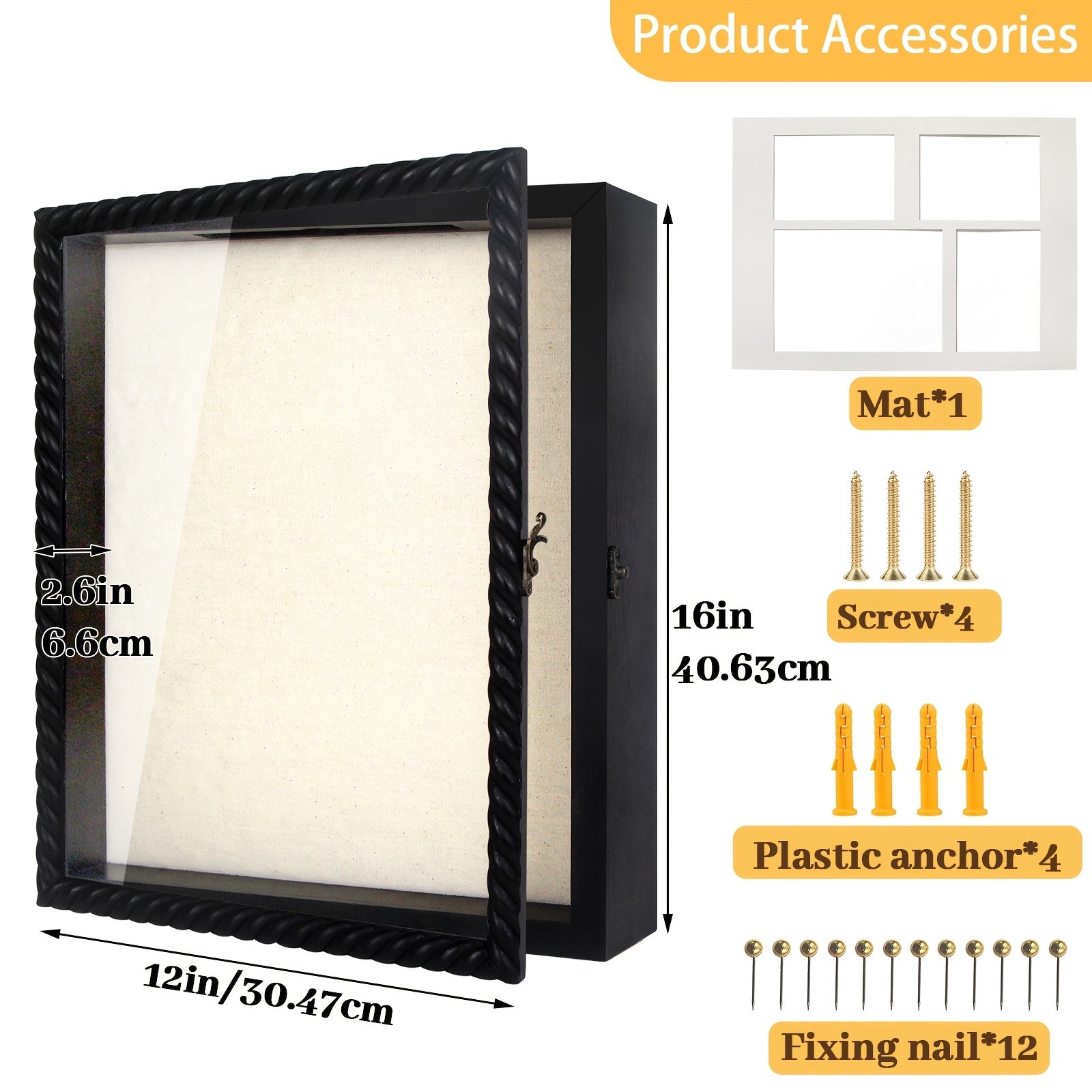 Shadow Box Frame with Linen Back ¨C Large Rustic Memory Display Case 11x14 & 12x16 Inch for Photos, Medals, Coins, Pins, Flowers & Collectibles, 4 Removable Shelves, Black White Brown