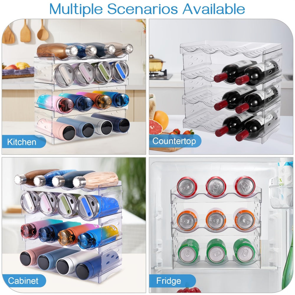 Water Bottle Organizer 4 Tier Stackable - Clear Plastic Cabinet Storage Rack Holds 16 Bottles Space Saving Transparent Pantry Kitchen Organizer | Home Office Pantry Refrigerator Organization