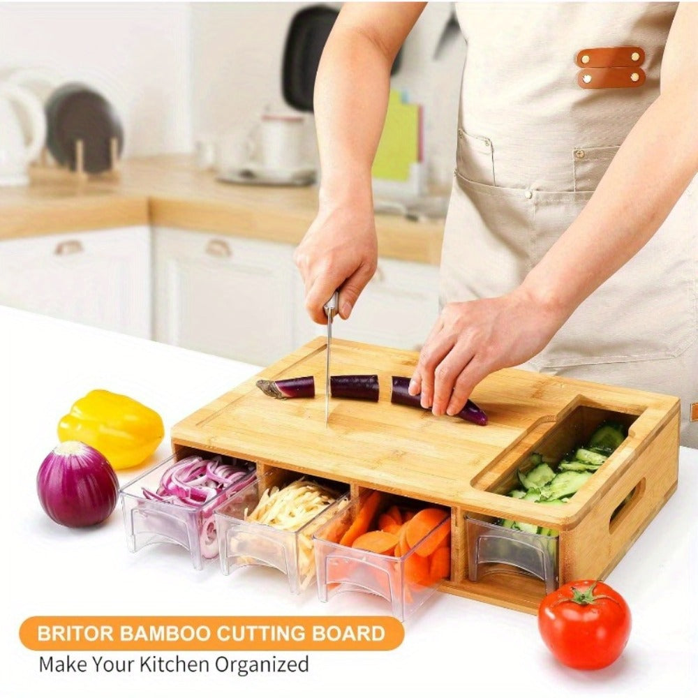 Bamboo Cutting Board with Trays & Drawers ¨C Large Butcher Block Chopping Board with Food Sliding Opening, Stackable Airtight Storage Trays & Bamboo Lids ¨C Kitchen Carving Board Gift for Home Cooks