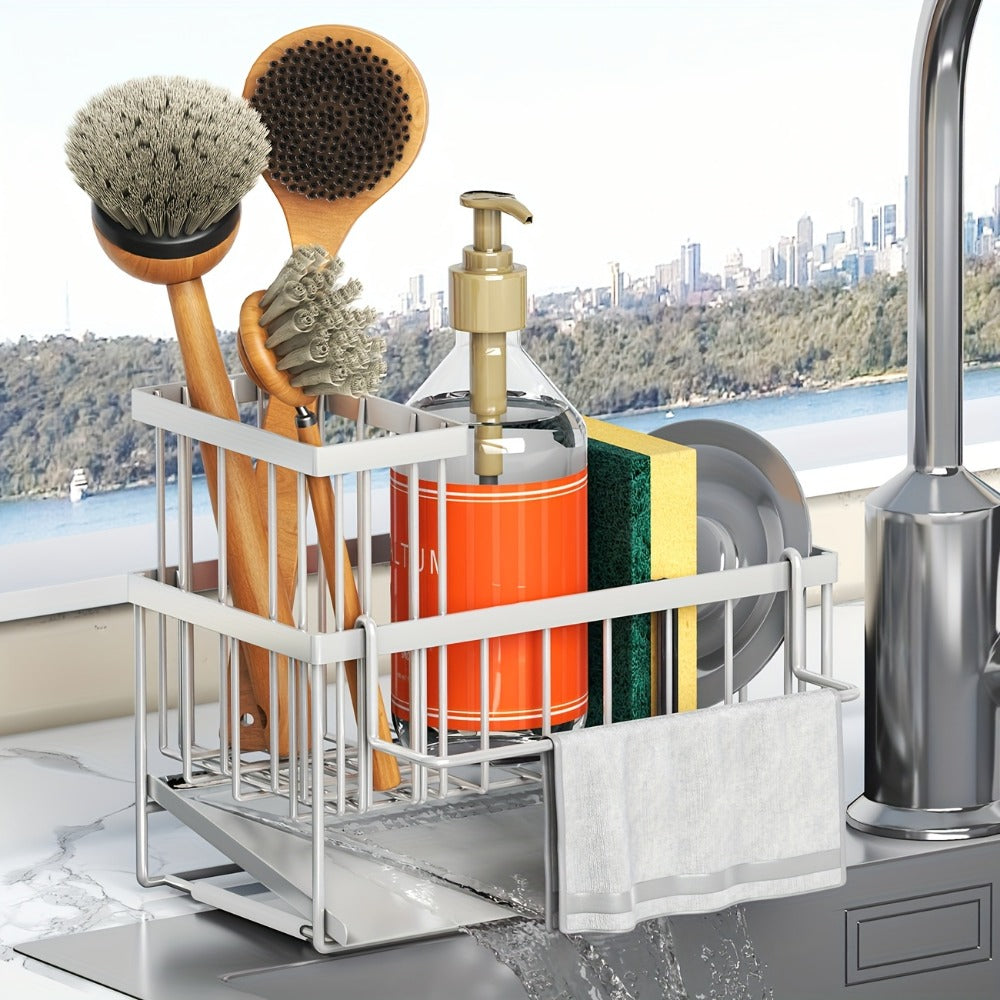 Kitchen Sink Sponge Holder 304 Stainless Steel Drain Design Dishcloth Rack Tall Brush Holder Countertop Soap Dispenser Organizer Storage Accessories Black