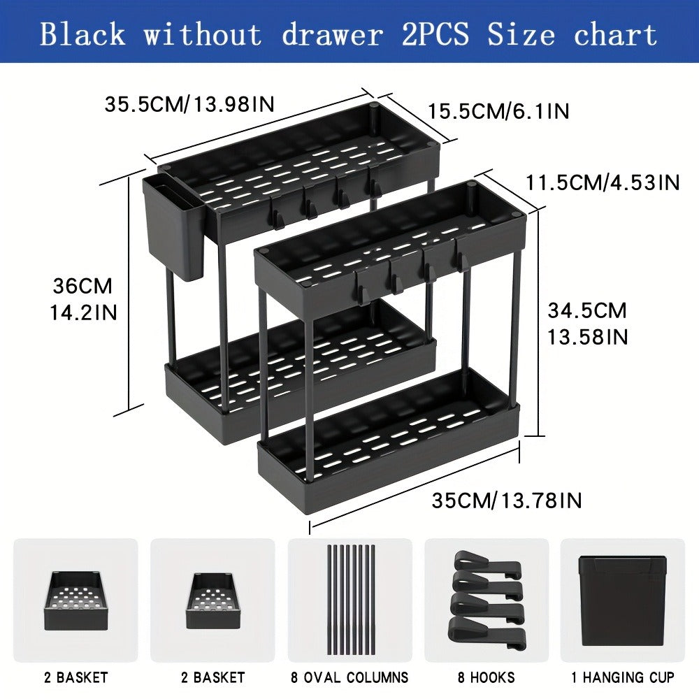 Under Sink Organizer 2pcs Double Tier Sliding Storage Basket with 8 Hooks ¨C Kitchen Bathroom Cabinet Rack Shelf