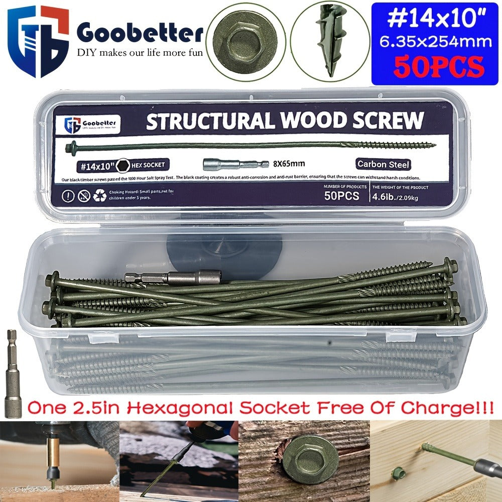 50pcs Heavy Duty Green Structural Wood Screws 14x10 Inch Carbon Steel Hex Head Partially Threaded Rust Resistant Exterior Timber Screws with Hex Socket for Deck Log Cabin Framing