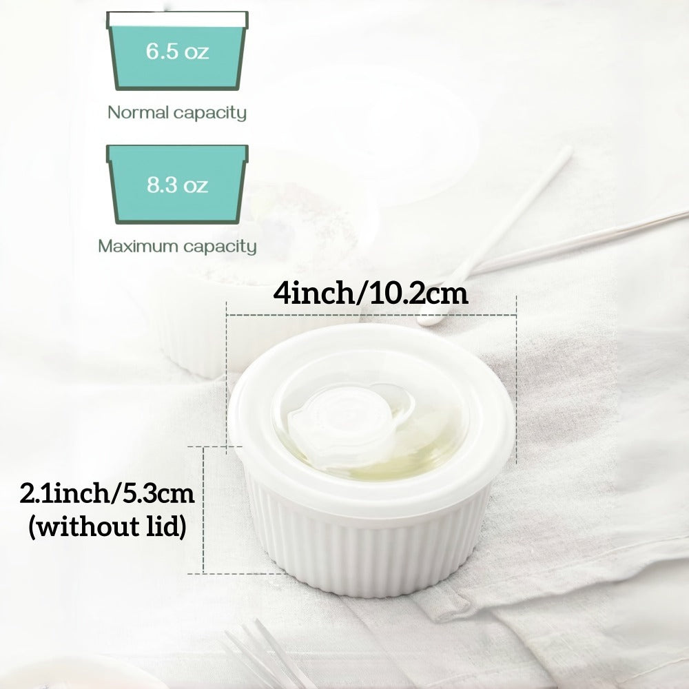 Souffle Dishes Set of 6 Porcelain Ramekins with Lids 8oz Creme Brulee Cups Custard Cups for Baking Pudding Dip Sauce Dessert White Ceramic Bakeware