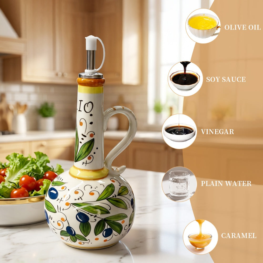 Ceramic Oil and Vinegar Dispenser Set Hand-Painted Underglaze Anti-Drip Leak-Proof Kitchen Oil Bottle with Oil Spout and Foot Pad Olive Green Lemon Yellow