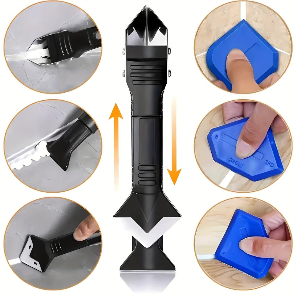 Grout Removal Tool Set 6-in-1 with 5 Replaceable Stainless Steel Blades ¨C Multi-Function Tile Grout Scraper, Putty Knife & Caulk Gun for Kitchen, Bathroom, Floor & Window Renovation