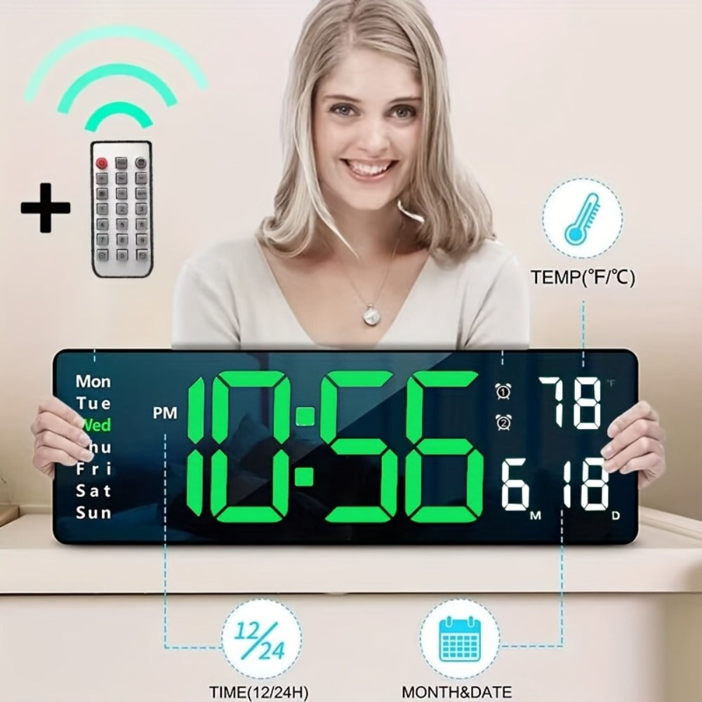 Large Digital Wall Clock 16 Inch LED Color Display, Smart Auto-Dimming 10-Level Brightness, Time Temperature Humidity Monitor, Dual Alarm with Snooze, USB Powered with Remote Control for Living Room Office Bedroom