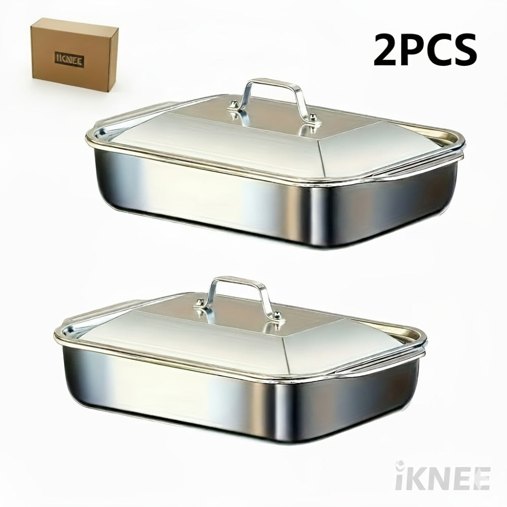 Stainless Steel Baking Pan Set 4-Piece ¨C 2 Deep Roasting Pans & 2 Lidded Pans with Handles, 6-Liter Large Capacity 16.14¡± Rectangular Baking Pans for Lasagna, Fish, Chicken & Roasting ¨C Dishwasher Safe