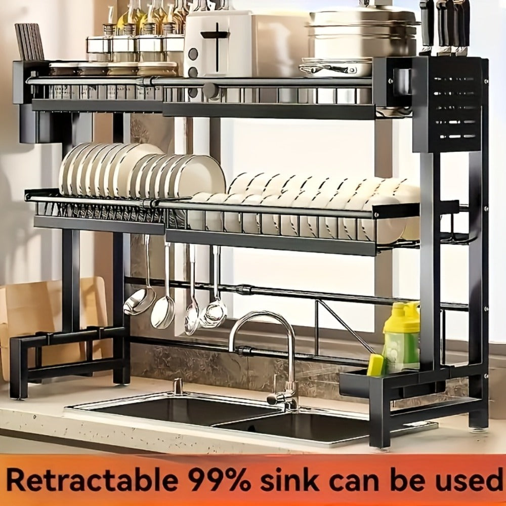 Over-the-Sink Dish Drying Rack Expandable 2-Tier 304 Stainless Steel Adjustable 30-34 Inch with Utensil Holder Knife Holder Cutting Board Holder and 5 Hooks for Kitchen