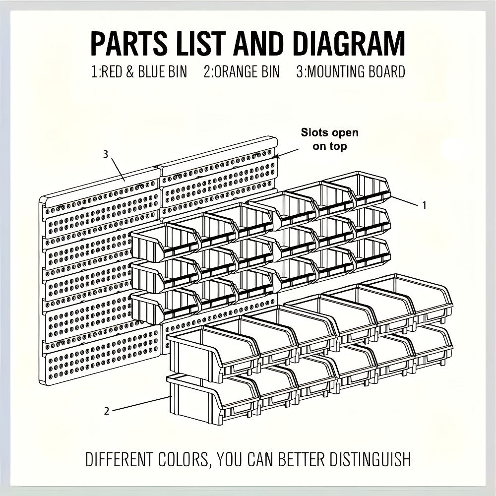 Plastic Parts Storage Bins Wall Mount 30pcs ¨C Heavy Duty Small Hardware Organizer for Screws, Nuts, Bolts & Nails | Multi-Tier Wall Shelf System for Garage, Workshop & Craft Room | Space-Saving Bin Rack