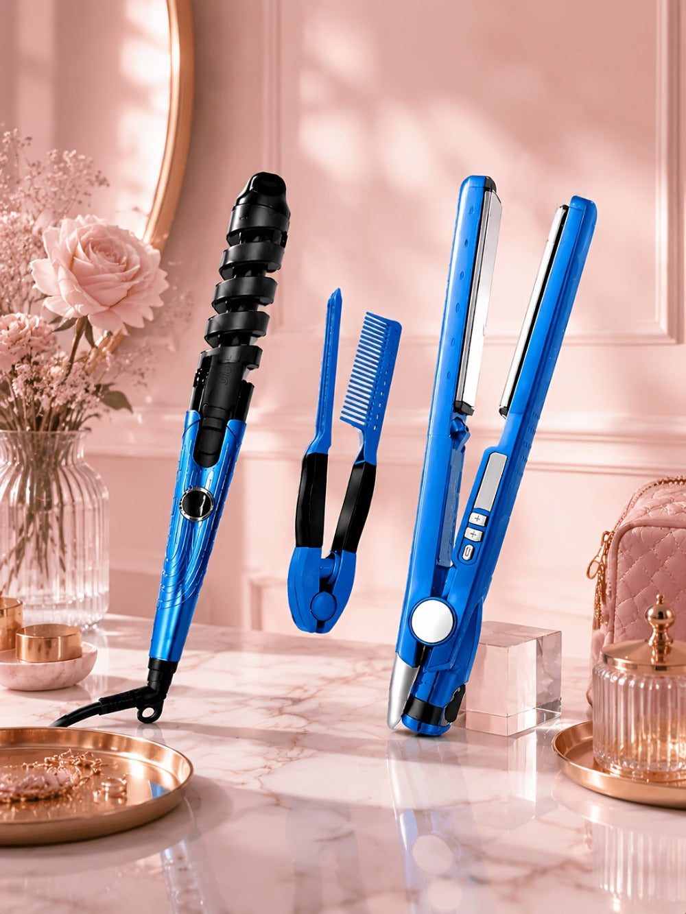 3-in-1 Hair Styling Set Flat Iron Curling Iron & Styling Comb, Anti-Scald Hair Straightener & Curler for Big Waves Straight Hair Curls, Professional Hair Tools Gift for Women, Mother's Day Birthday