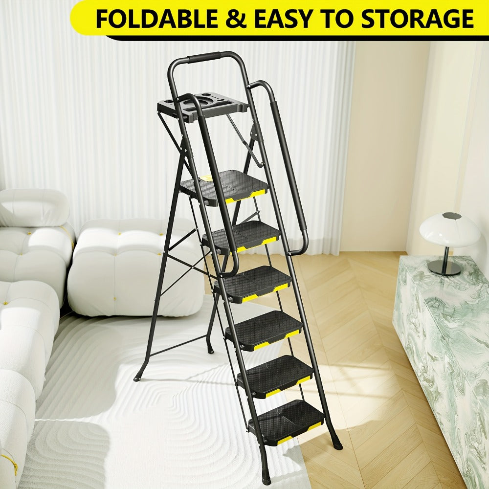 6 Step Ladder with Handrails & Tool Platform 800 LBS ¨C Folding Step Stool Wide Pedal Steel Safety Ladder for Adults, Painting, Home, Garage & Outdoor Use ¨C Auto Safety Lock, Compact Storage