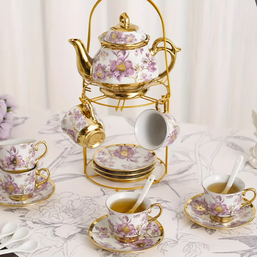 Floral Ceramic Tea Set 20 Pcs ¨C European Porcelain Tea Cups & Saucers with Metal Holder & 15 Oz Teapot ¨C Luxury Arabic Coffee Cup Set for Espresso, Cappuccino & Afternoon Tea ¨C Elegant Gift