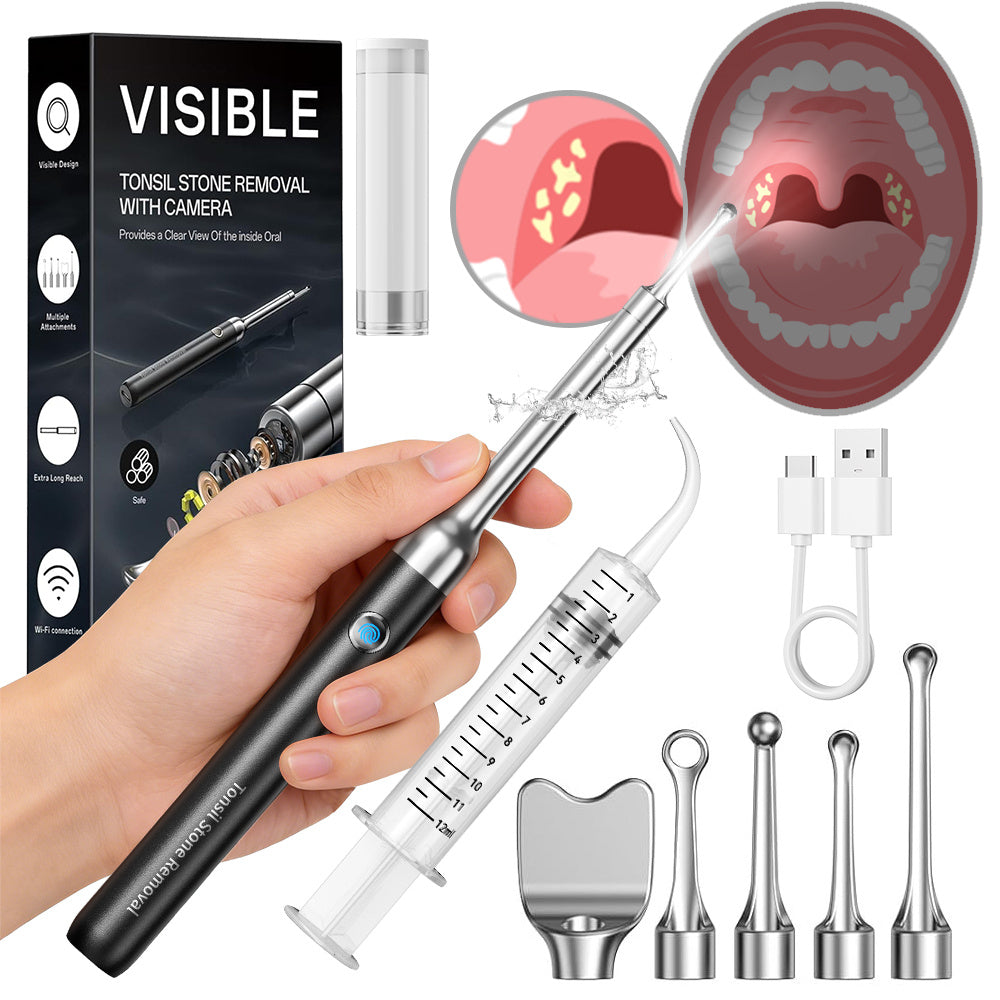 Tonsil Stone Remover with Camera - 1080P HD Visual Tonsil Stone Removal Tool with LED Light, 5-in-1 Stainless Steel Tips, Wi-Fi App Control, USB-C Rechargeable, Compatible with iOS & Android