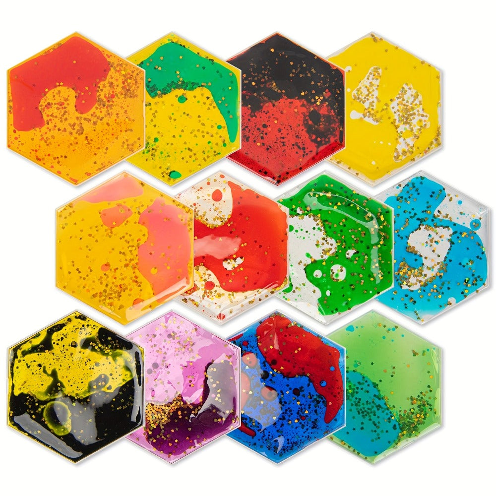 Liquid Tiles Vinyl Flexible Wall Stickers 12-Pack ¨C Geometric Sensory Tiles for Wall & Floor Decor, Stress Relief Fidget Tiles, Square & Hexagon Shapes, 5.9 x 5.9 Inches Each