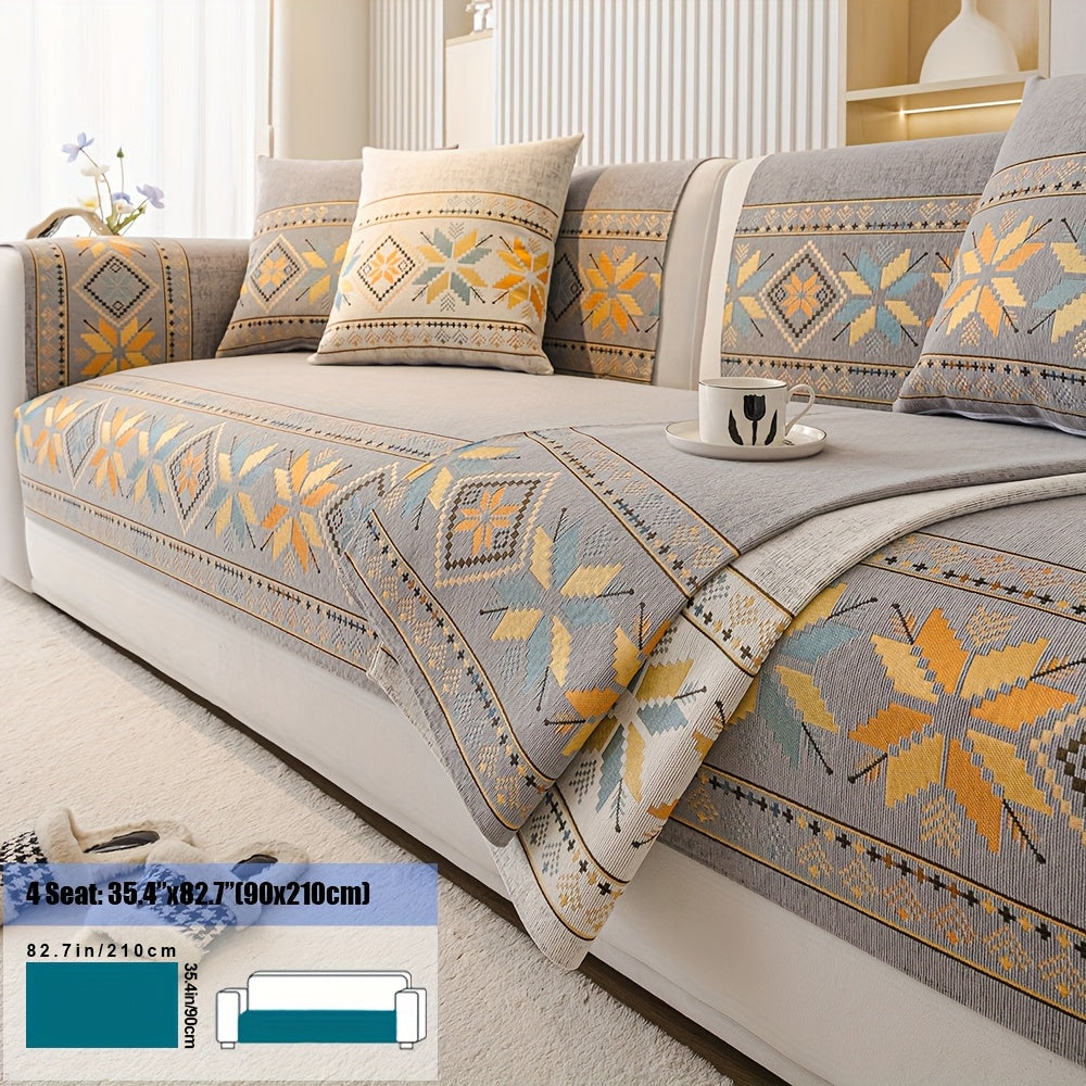 Chenille Sofa Slipcover 1pc Boho Vintage Style - Luxury Non-Slip Removable Four Seasons Universal Couch Cover | Armrest 1 2 3 4 Seater | Dark Gray Light Gray Blue | Living Room Home Decor