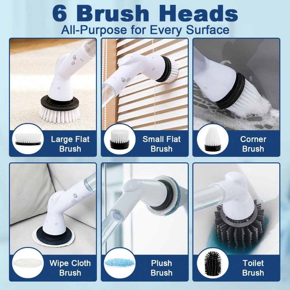 Electric Spin Scrubber Cordless Rechargeable - Adjustable Handle with 6 Brush Heads, All-Purpose Power Scrubber for Bathroom, Kitchen, Tile, Shower, Tub & Car, Time-Saving Cleaning Tool, White