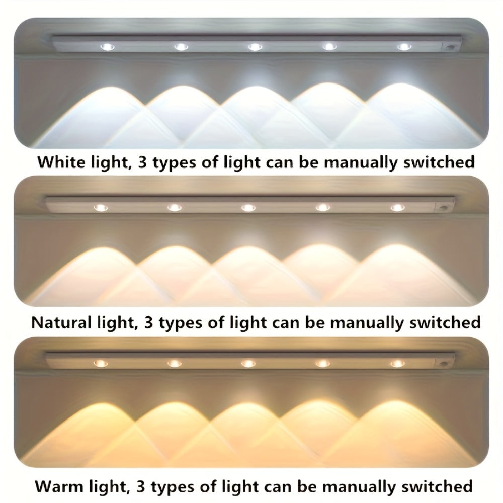LED Sensor Strip Light USB Rechargeable ¨C 3-Color Dimmable Motion Sensing Wireless Night Light for Kitchen, Wardrobe, Cabinet, Shoe Cabinet & Bedroom (20cm / 30cm / 40cm / 50cm)