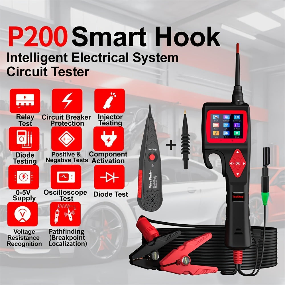 Automotive Circuit Tester Topdiag P200 Pro 9-30V Oscilloscope Multimeter Relay Fuel Injector Test 0-5V Power Supply Component Activation 20ft Cable Smart Voltage Resistance Diagnostic Tool