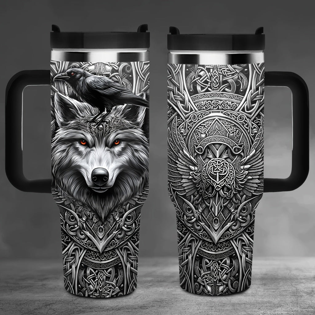 40oz Viking Tumbler with Handle - Wolf Raven Norse Mythology Celtic Knot Stainless Steel Insulated Travel Mug, Viking Gift for Men Women, Coffee Mug for Viking Lovers, Norse Mythology Gift