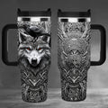 40oz Viking Tumbler with Handle - Wolf Raven Norse Mythology Celtic Knot Stainless Steel Insulated Travel Mug, Viking Gift for Men Women, Coffee Mug for Viking Lovers, Norse Mythology Gift