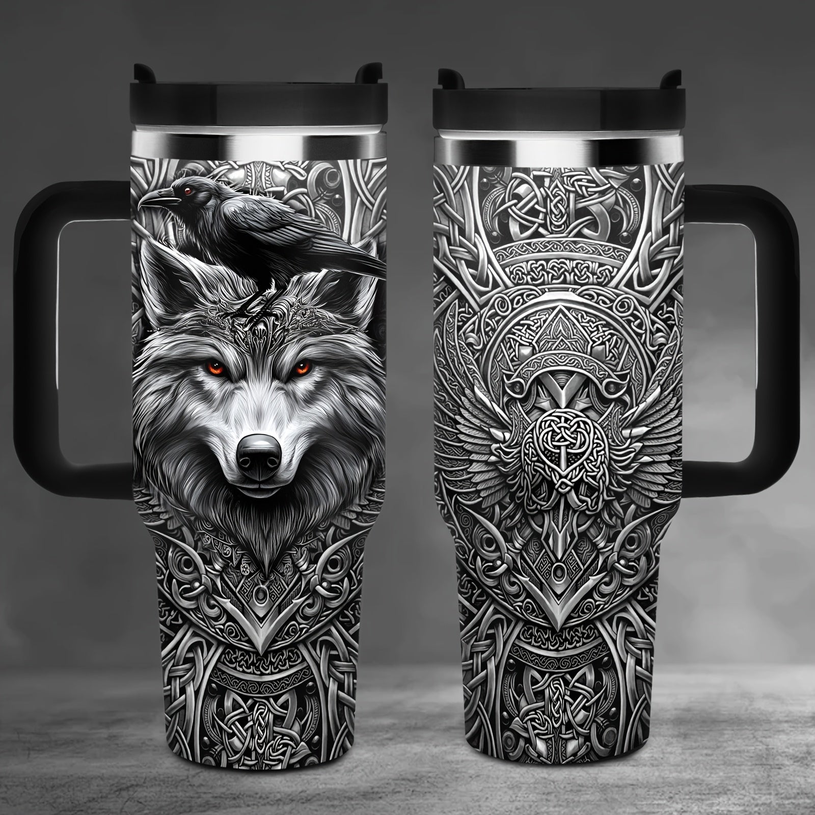 40oz Viking Tumbler with Handle - Wolf Raven Norse Mythology Celtic Knot Stainless Steel Insulated Travel Mug, Viking Gift for Men Women, Coffee Mug for Viking Lovers, Norse Mythology Gift