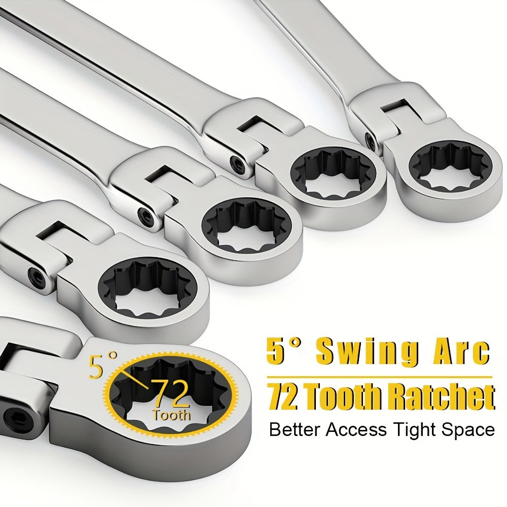 Ratchet Wrench Set 5pcs Flexible Head 6-10mm Metric Chrome Vanadium Steel 72-Tooth Combination Wrench Open Closed End for Automotive Bicycle Home Repair Mechanic Hand Tool Kit Silver