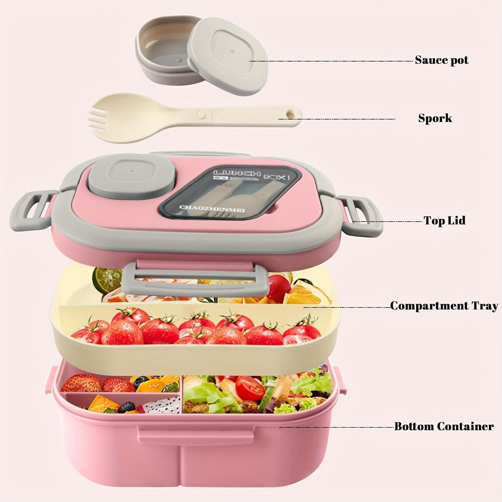2-Layer Bento Lunch Box Set with Cup and Meal Bag - Multi-Grid Lunch Box for School, Office & Outdoor Picnics, Food Storage Container with Milk Cup, Salad Cup, Coffee Cup or Soup Bowl, Pink Blue Green White