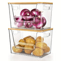 Clear Stackable Kitchen Pantry Organizer 2 Pack with Bamboo Top Durable PET Storage Bins for Onions Potatoes Fruits Vegetables Space Saving Ventilated Produce Organizer