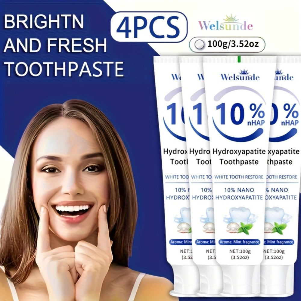 Hydroxyapatite Toothpaste 4-Pack ¨C 10% Nano Formula with Baking Soda, Deep Cleaning & Whitening Gel, Mint Fresh Breath, Fluoride-Free Daily Oral Care for Everyone, Home & Travel Sleek Tube Design (400g)