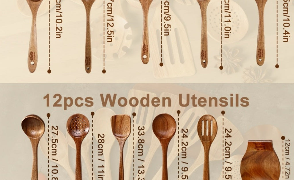 Wooden Spoons for Cooking 10 Pcs ¨C Teak Wood Kitchen Utensils Set, Non-Stick Safe Spatulas & Spoon Cooking Tools