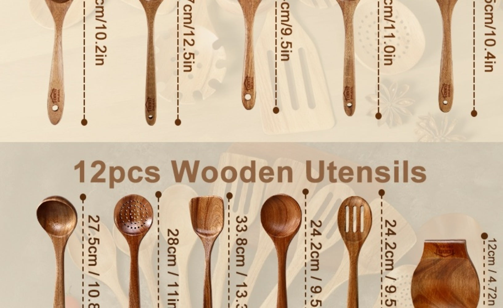 Wooden Spoons for Cooking 10 Pcs ¨C Teak Wood Kitchen Utensils Set, Non-Stick Safe Spatulas & Spoon Cooking Tools