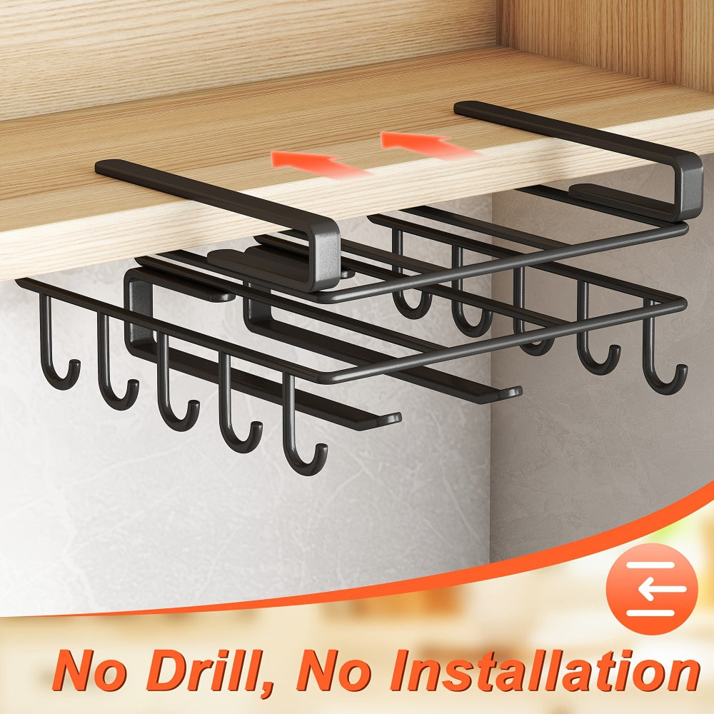 Under Cabinet Organizer Rack with Hooks ¨C Heavy Duty Carbon Steel Kitchen Shelf for Utensils, Towels, Cups & Cutting Boards ¨C No-Drill Door-Mount Space-Saving Kitchen Storage