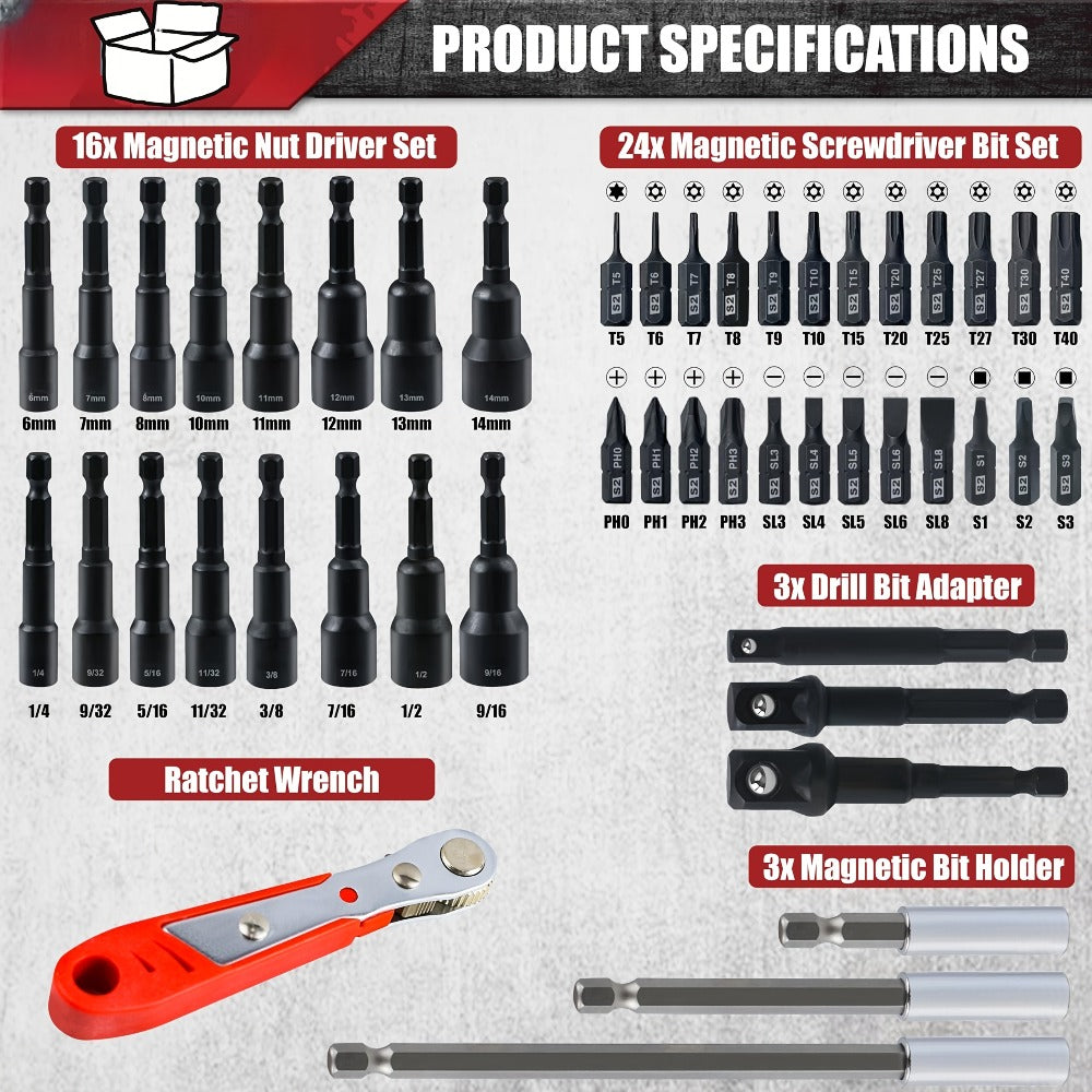 Magnetic Nut Driver Set 47pcs - Magnetic Screwdriver Bits & Socket Set, SAE 1/4¡±-9/16¡± & Metric 6-14mm, 1/4¡± Hex Shank, Strong Magnetism, for Drill & Impact Driver, Home & Professional Use