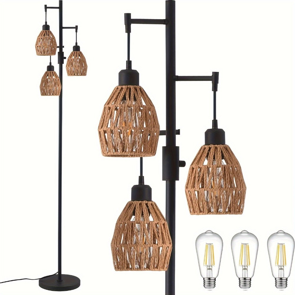 Boho Rattan Floor Lamp Dimmable ¨C 3-Light Stepless Dimming Standing Lamp with Natural Rattan Shade & Metal Base for Living Room, Bedroom, Dining Room ¨C Warm Bohemian Home Lighting